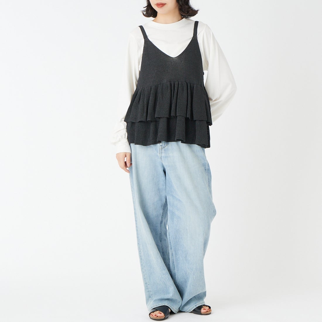 Jeans Factory Clothes [ジーンズファクトリークローズ] ペプラムニットキャミビスチェ [11268819] 004 ﾌﾞﾗｯｸ &&モデル身長：162cm 着用サイズ：F&&