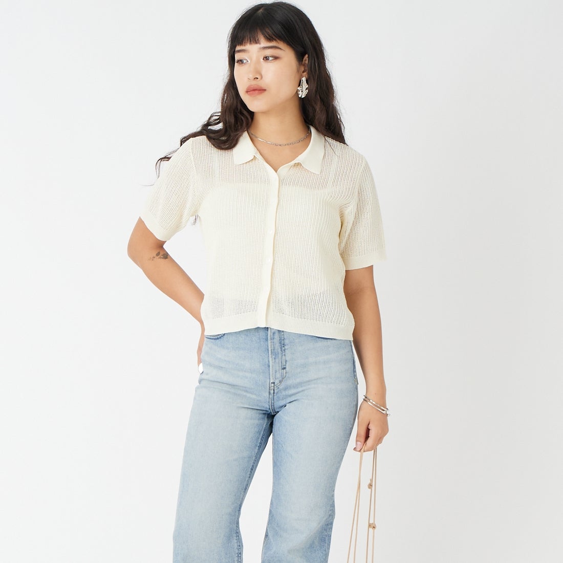 Jeans Factory Clothes [ジーンズファクトリークローズ] ニットポロカーディガン [11268820] 031 ｵﾌ &&モデル身長：162cm 着用サイズ：F&&