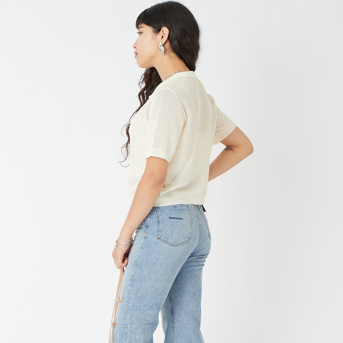 Jeans Factory Clothes [ジーンズファクトリークローズ] ニットポロカーディガン [11268820] 031 ｵﾌ &&モデル身長：162cm 着用サイズ：F&&