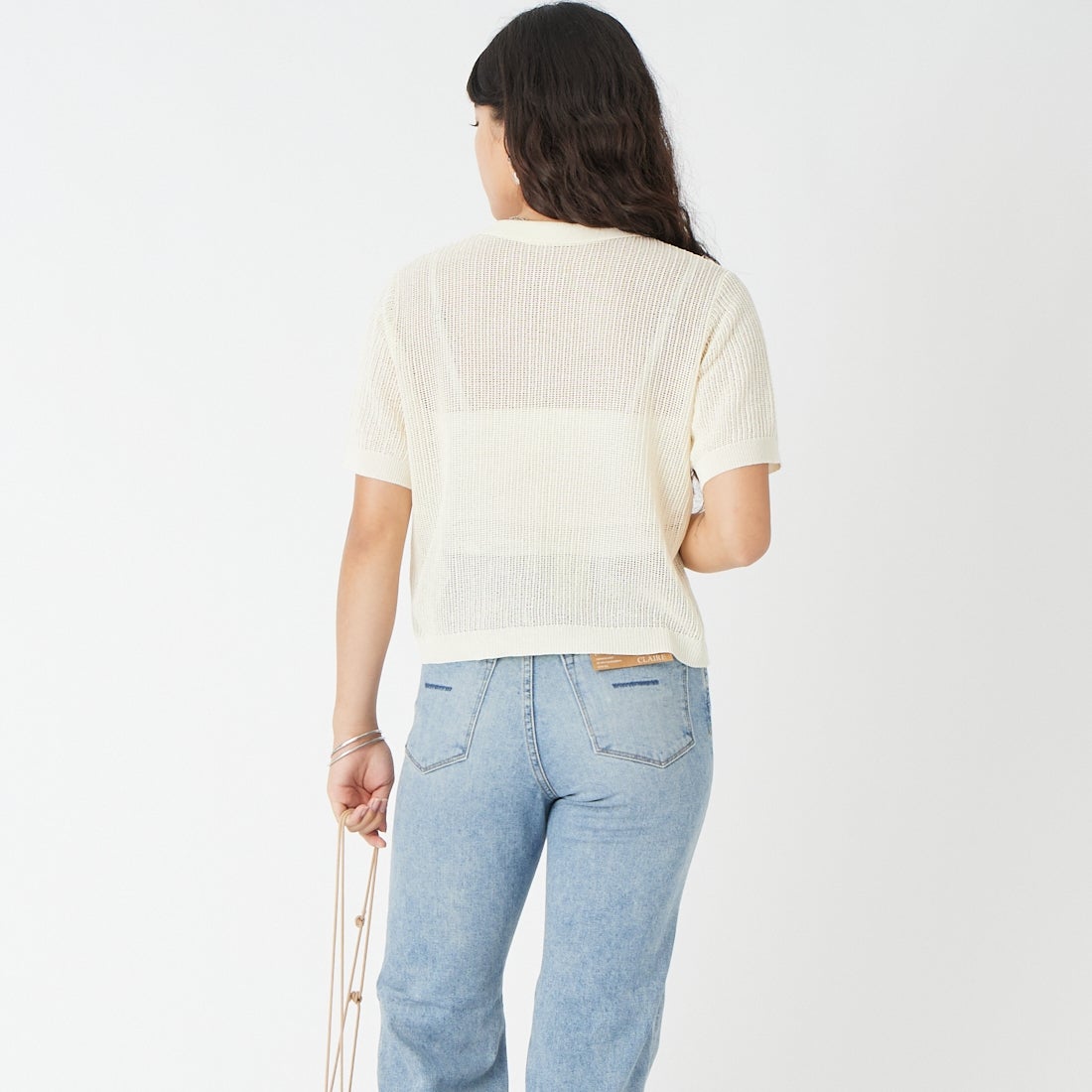 Jeans Factory Clothes [ジーンズファクトリークローズ] ニットポロカーディガン [11268820] 031 ｵﾌ &&モデル身長：162cm 着用サイズ：F&&