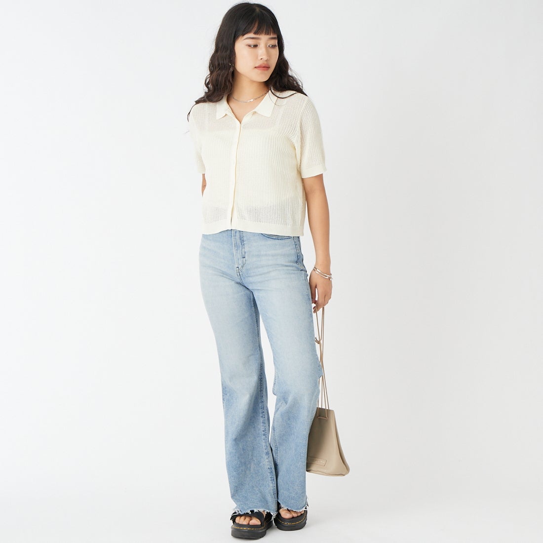 Jeans Factory Clothes [ジーンズファクトリークローズ] ニットポロカーディガン [11268820] 031 ｵﾌ &&モデル身長：162cm 着用サイズ：F&&