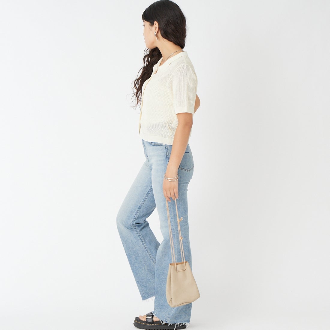 Jeans Factory Clothes [ジーンズファクトリークローズ] ニットポロカーディガン [11268820] 031 ｵﾌ &&モデル身長：162cm 着用サイズ：F&&