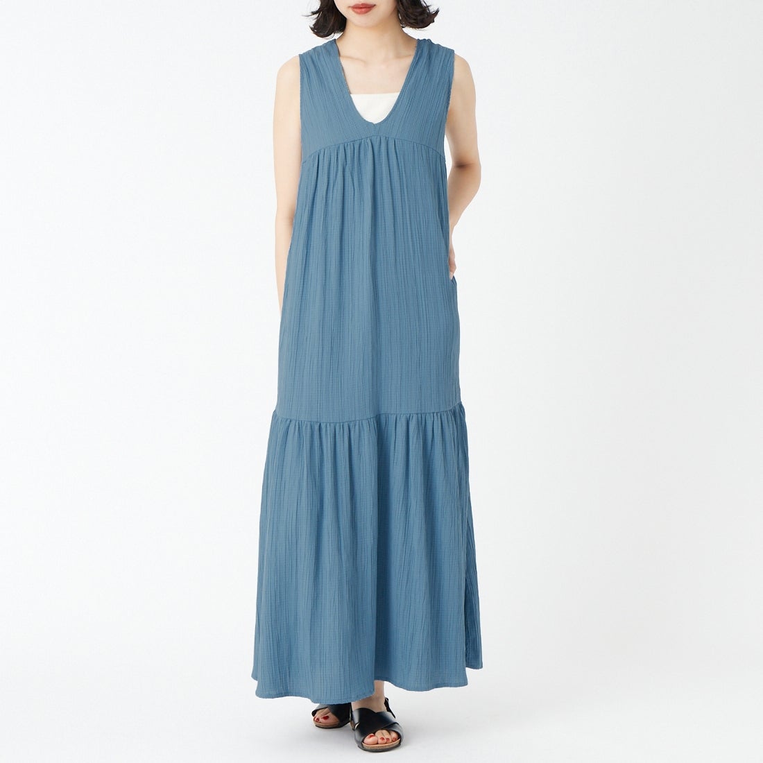 Jeans Factory Clothes [ジーンズファクトリークローズ] 楊柳マキシワンピース [IN2-OP-6] BLUE &&モデル身長：162cm 着用サイズ：36&&