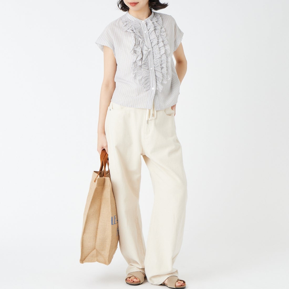 Jeans Factory Clothes [ジーンズファクトリークローズ] フリルブラウス [25619-MN] BEG ST &&モデル身長：162cm 着用サイズ：F&&