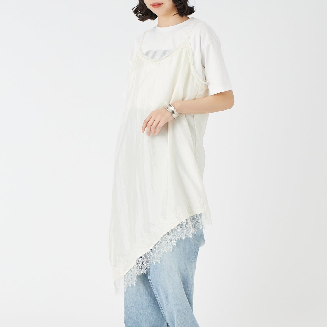 CLOCHE [クロシェ] アシンメトリーレースキャミワンピース [65285711] ｵﾌ &&モデル身長：162cm 着用サイズ：2&&