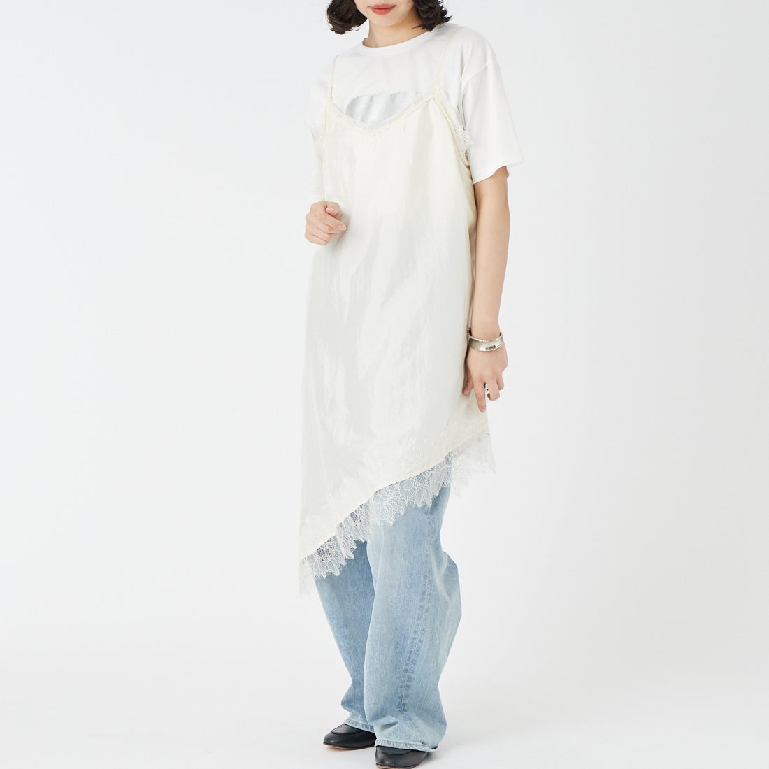 CLOCHE [クロシェ] アシンメトリーレースキャミワンピース [65285711] ｵﾌ &&モデル身長：162cm 着用サイズ：2&&