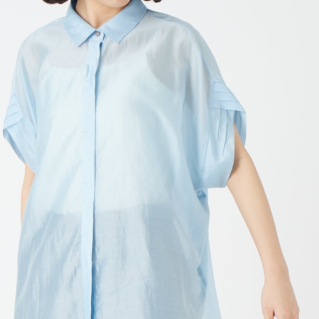 CLOCHE [クロシェ] 袖タックシアーブラウス [61285668] ｻｯｸｽ &&モデル身長：162cm 着用サイズ：2&&