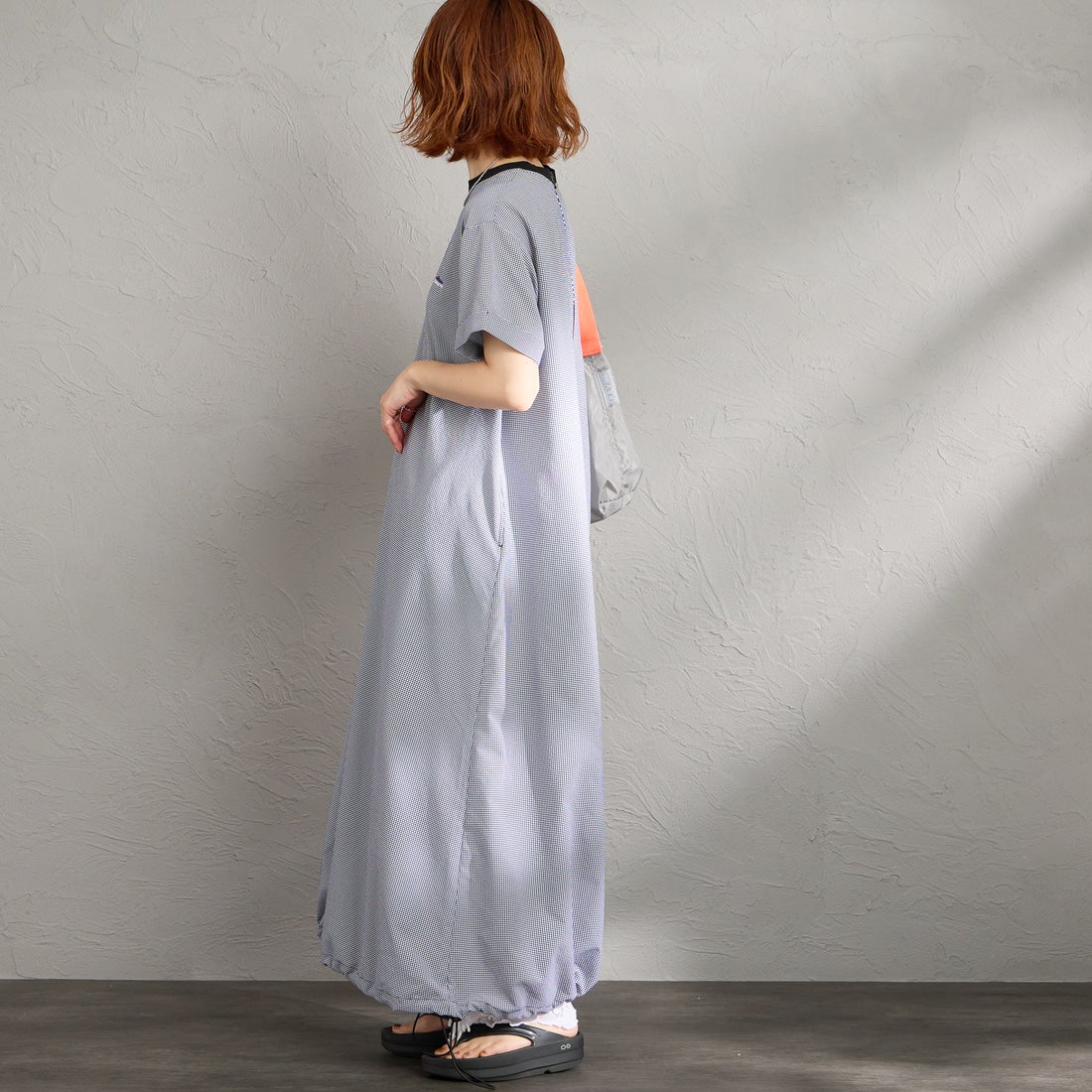 THOUSAND MILE [サウザンド マイル] 別注 ハイエアー バックジップ チェックショートスリーブワンピース [TM261CK50832-JF] 91 BLK CK &&モデル身長：158cm 着用サイズ：F&&