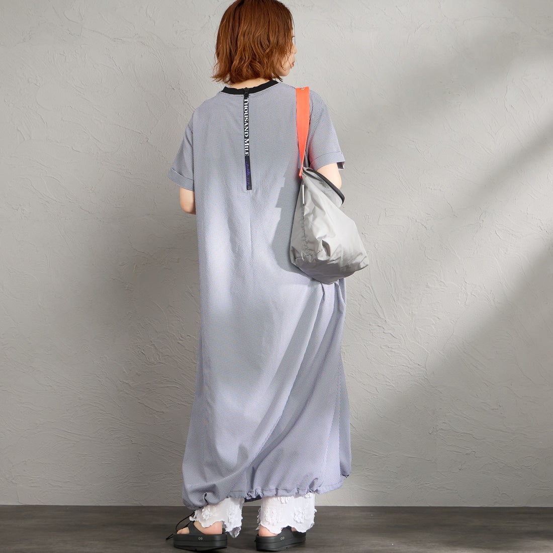 THOUSAND MILE [サウザンド マイル] 別注 ハイエアー バックジップ チェックショートスリーブワンピース [TM261CK50832-JF] 91 BLK CK &&モデル身長：158cm 着用サイズ：F&&