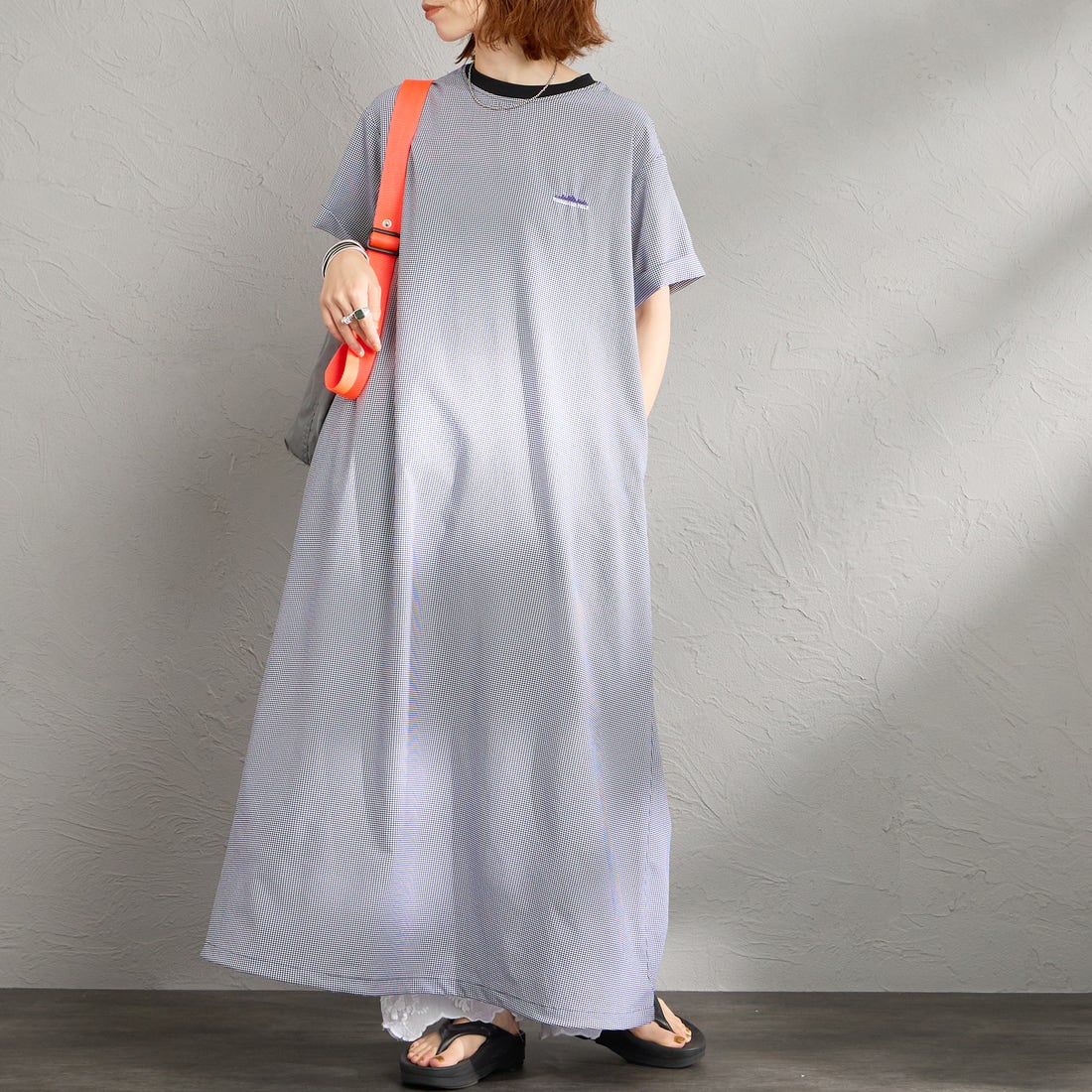 THOUSAND MILE [サウザンド マイル] 別注 ハイエアー バックジップ チェックショートスリーブワンピース [TM261CK50832-JF] 91 BLK CK &&モデル身長：158cm 着用サイズ：F&&