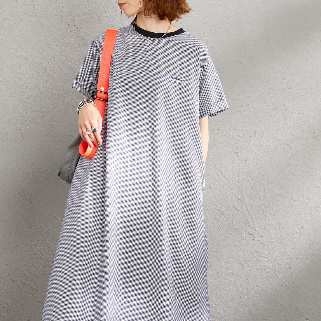 THOUSAND MILE [サウザンド マイル] 別注 ハイエアー バックジップ チェックショートスリーブワンピース [TM261CK50832-JF] 91 BLK CK &&モデル身長：158cm 着用サイズ：F&&