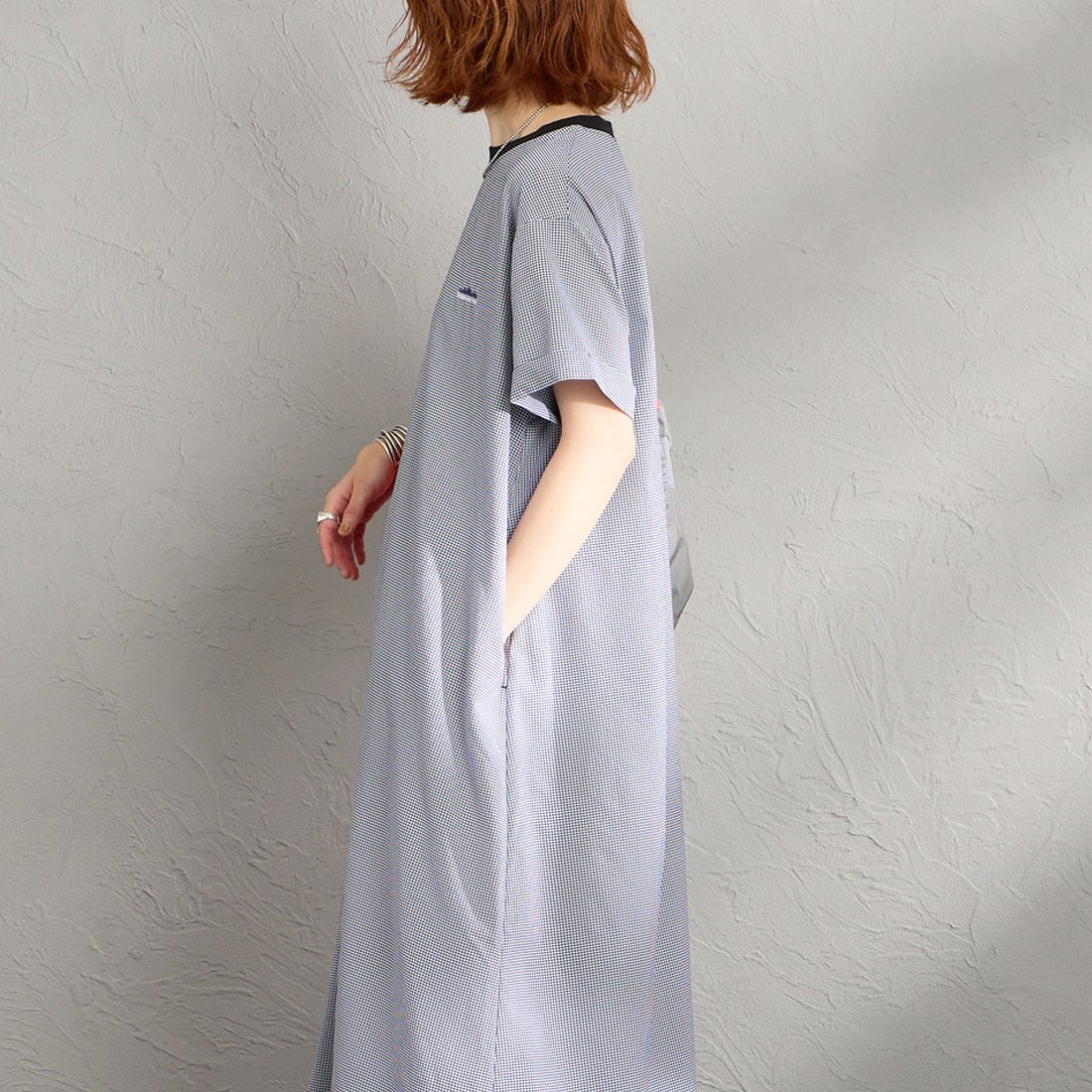 THOUSAND MILE [サウザンド マイル] 別注 ハイエアー バックジップ チェックショートスリーブワンピース [TM261CK50832-JF] 91 BLK CK &&モデル身長：158cm 着用サイズ：F&&