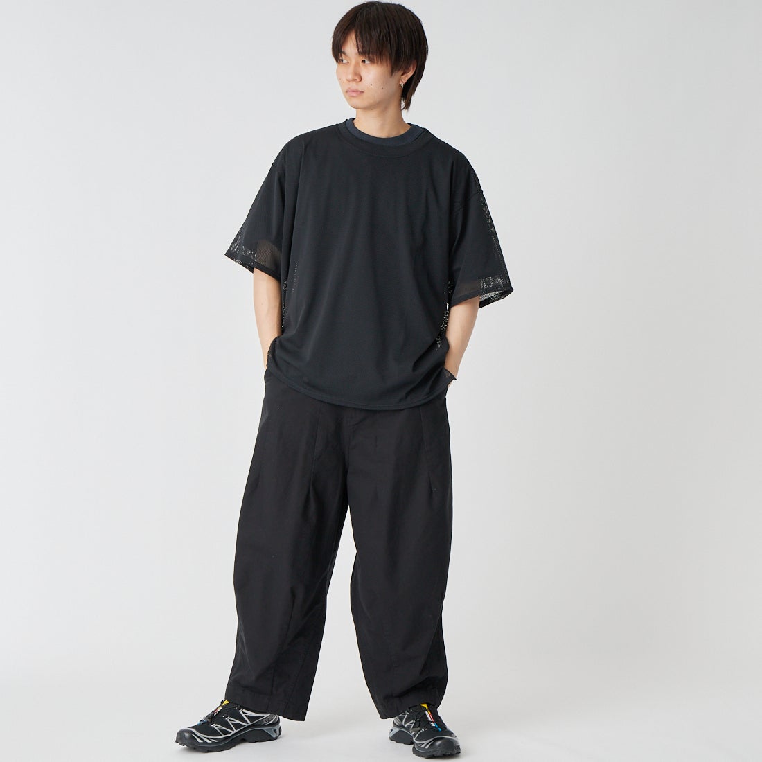 South2West8 [サウスツーウエストエイト] ショートスリーブ クルーネックメッシュTシャツ [SX721] D BLACK &&モデル身長：177cm 着用サイズ：M&&