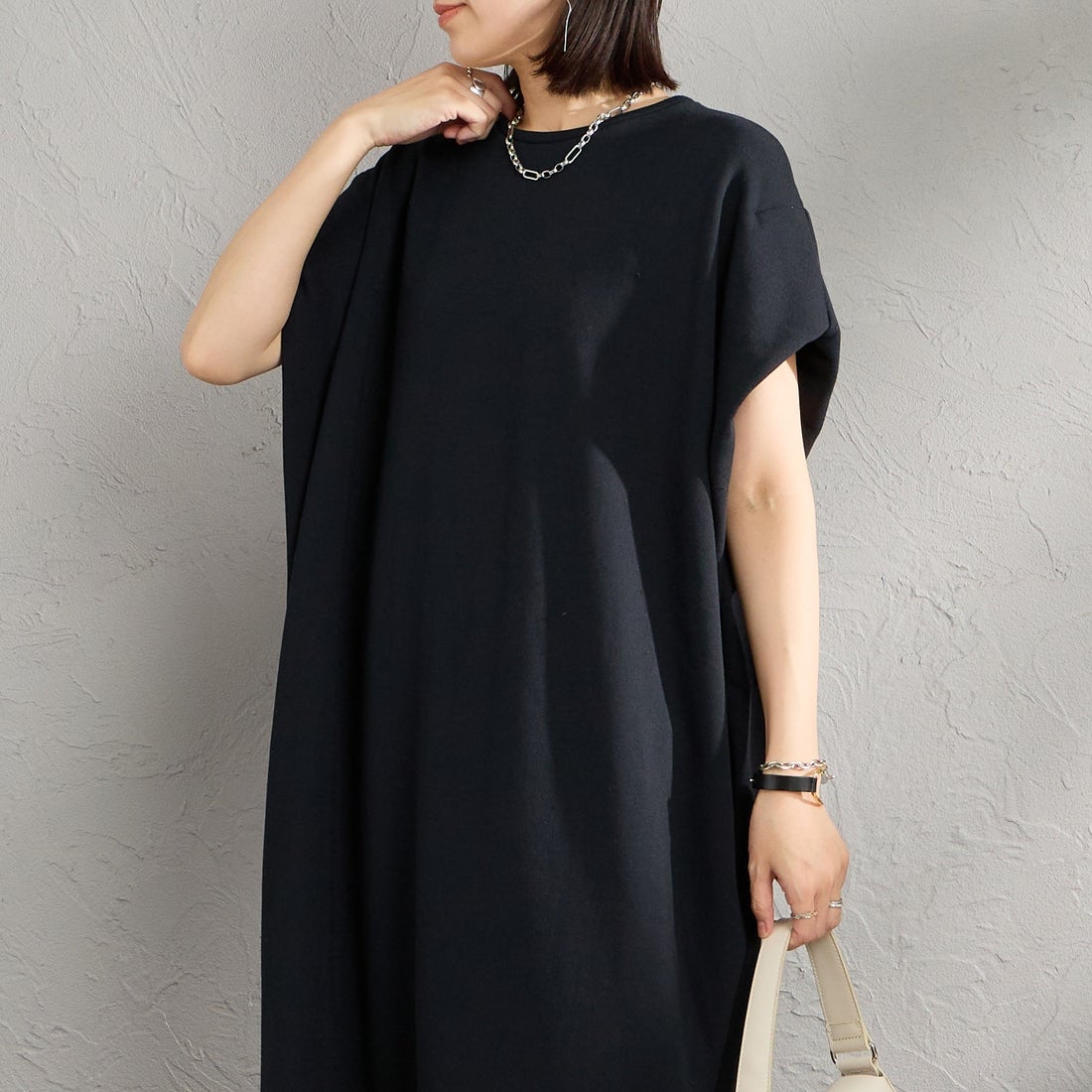 mizuiro ind [ミズイロインド] ドライフレンチテリー ノースリーブロングワンピース [1-250085] 99 BLACK &&モデル身長：160cm 着用サイズ：F&&