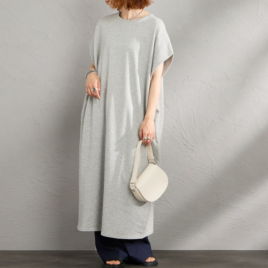 mizuiro ind [ミズイロインド] ドライフレンチテリー ノースリーブロングワンピース [1-250085] 91 GRAY &&モデル身長：158cm 着用サイズ：F&&