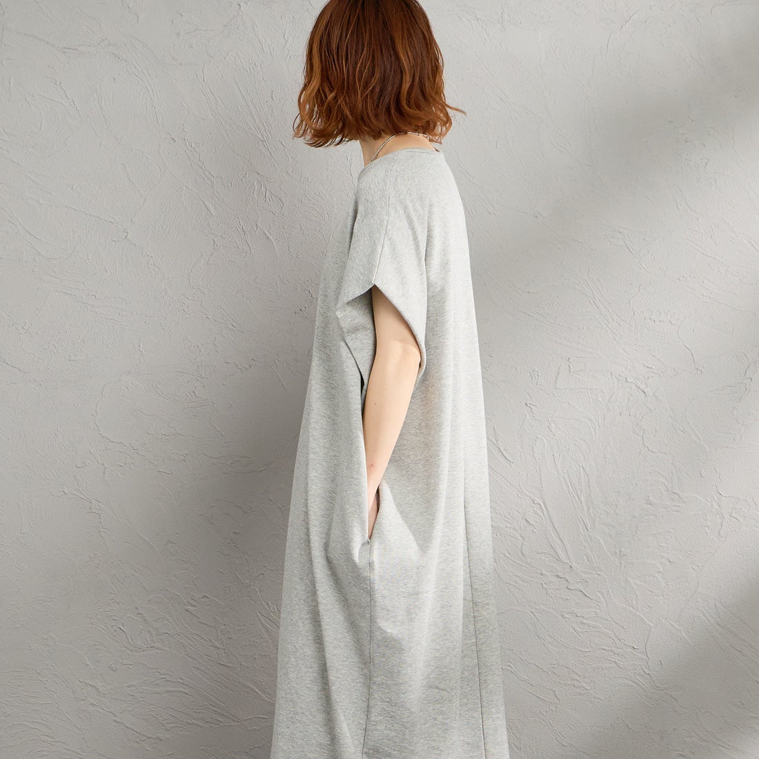 mizuiro ind [ミズイロインド] ドライフレンチテリー ノースリーブロングワンピース [1-250085] 91 GRAY &&モデル身長：158cm 着用サイズ：F&&