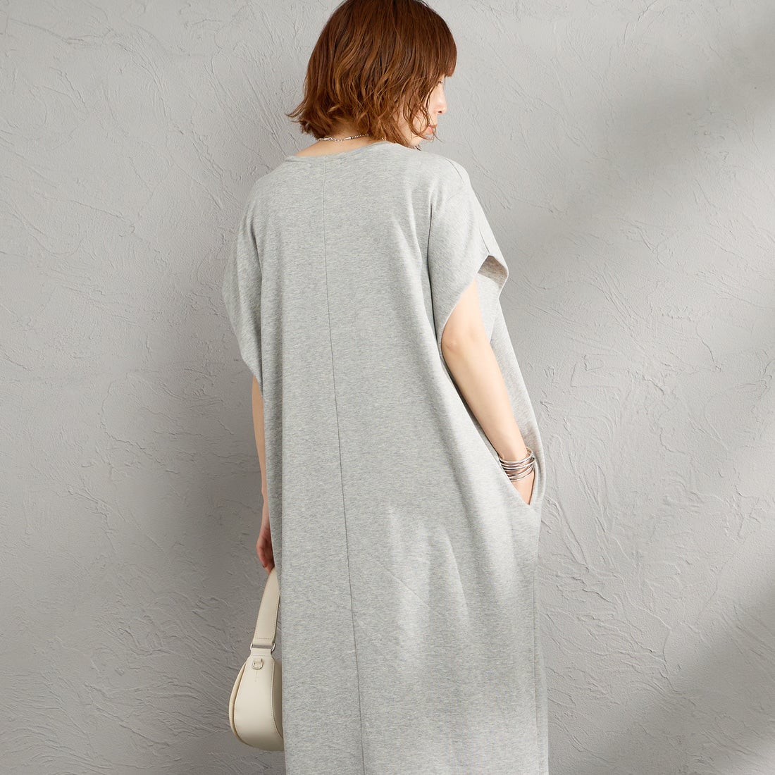 mizuiro ind [ミズイロインド] ドライフレンチテリー ノースリーブロングワンピース [1-250085] 91 GRAY &&モデル身長：158cm 着用サイズ：F&&
