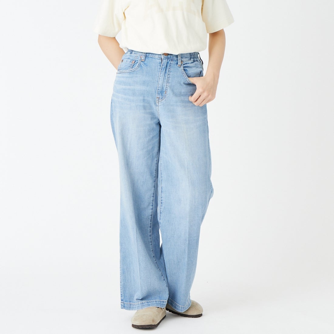 RED CARD TRED CARD TOKYO [レッドカード トーキョー] ワイドストレートデニム Relaxy Slogan [78W107R01LTU] A-LT USED &&モデル身長：162cm 着用サイズ：22&&OKYO [レッドカード トーキョー] ワイドストレートデニム Relaxy Slogan [78W107R01LTU] A-LT USED