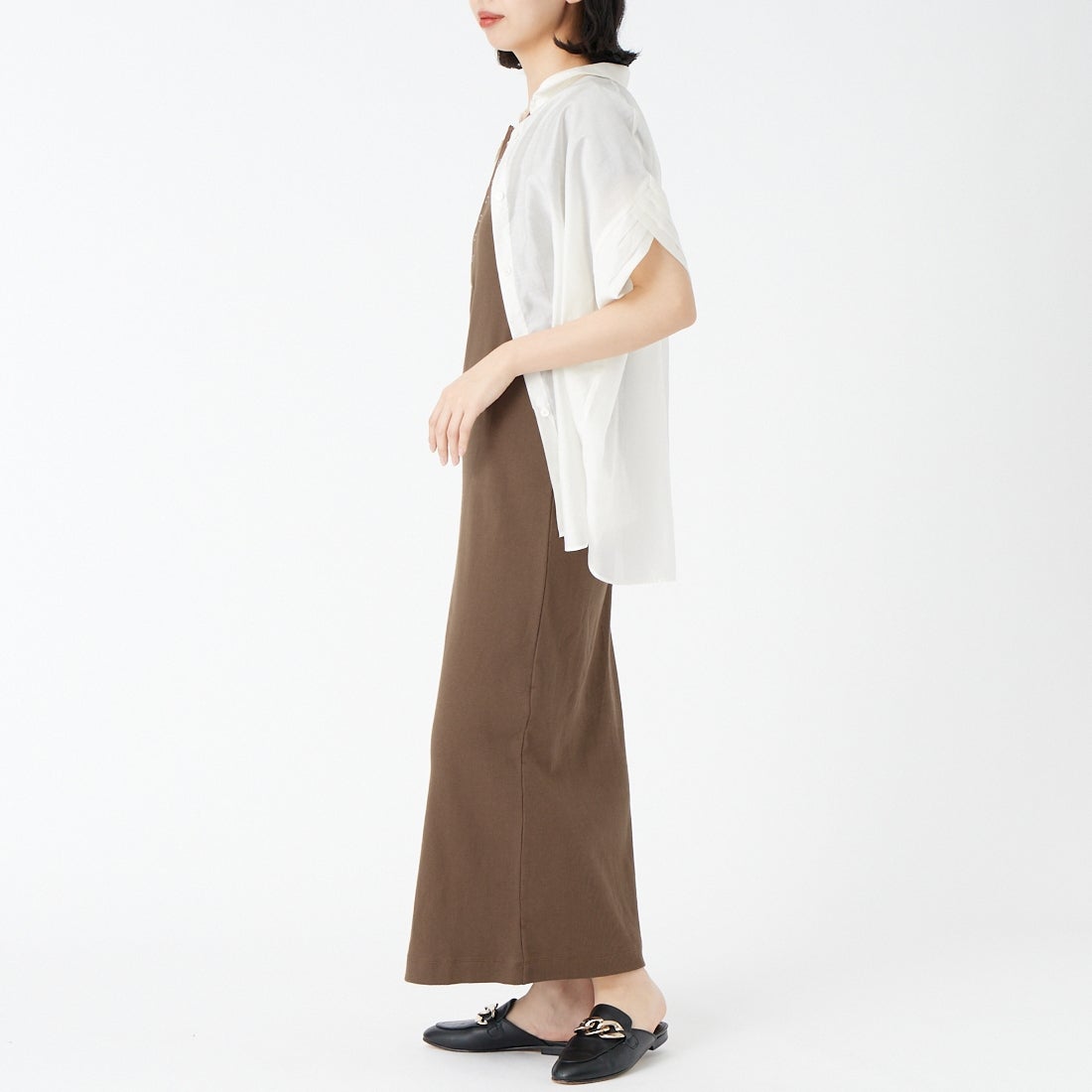 USINE [ユジーヌ] 前後2WAYリブワンピース [IN3-OP-6] ﾌﾞﾗｳﾝ &&モデル身長：162cm 着用サイズ：36&&