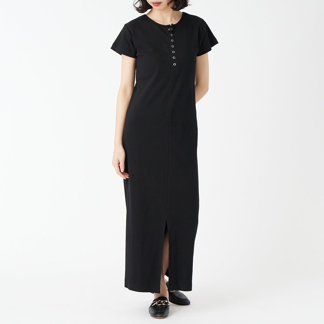 USINE [ユジーヌ] 前後2WAYリブワンピース [IN3-OP-6] ﾌﾞﾗｯｸ &&モデル身長：162cm 着用サイズ：36&&