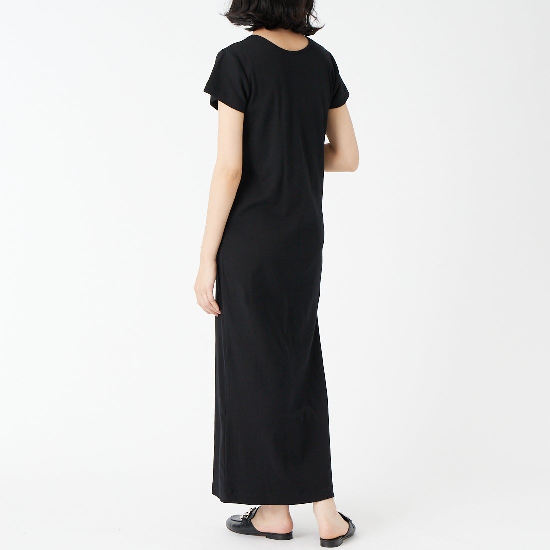 USINE [ユジーヌ] 前後2WAYリブワンピース [IN3-OP-6] ﾌﾞﾗｯｸ &&モデル身長：162cm 着用サイズ：36&&