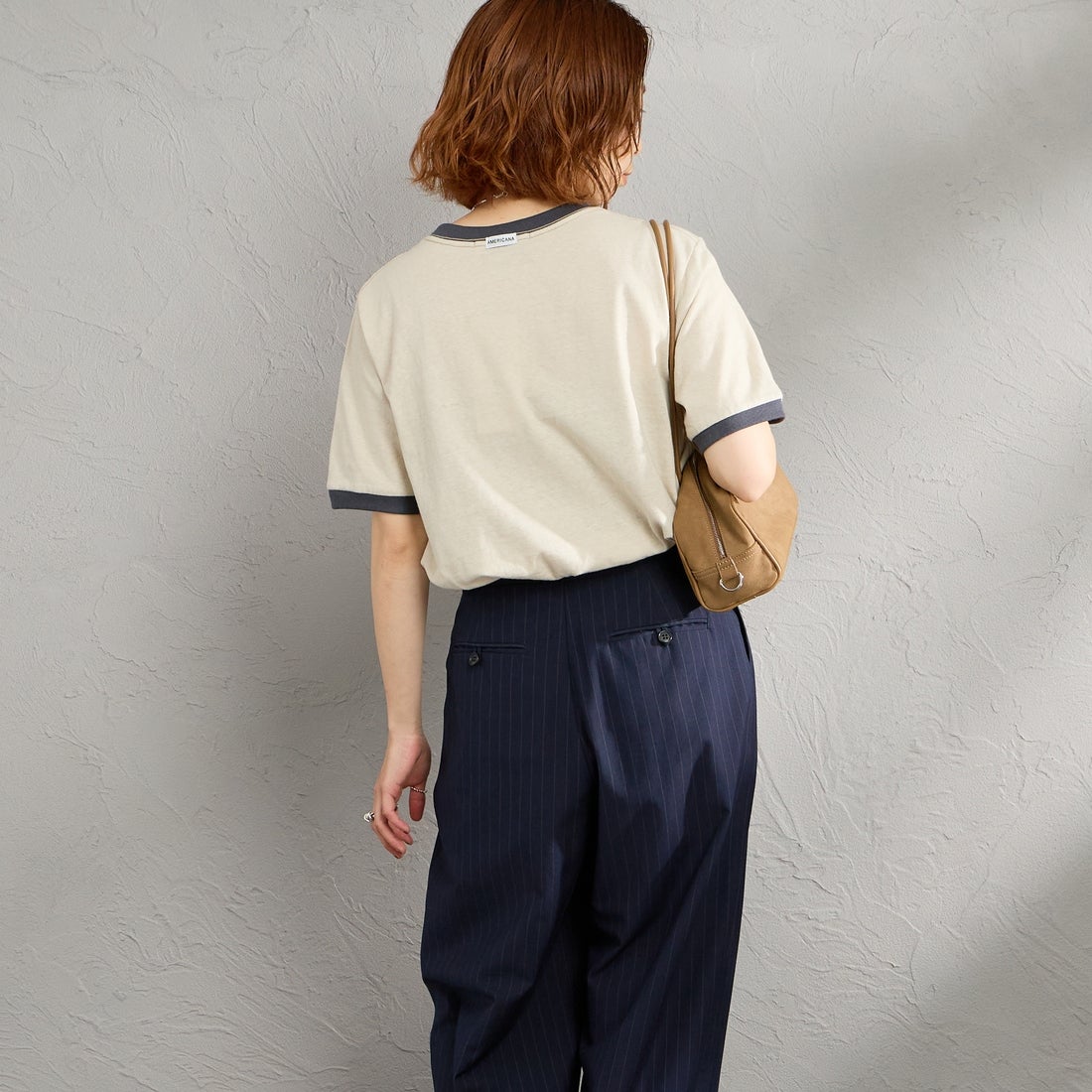 Americana [アメリカーナ] AMRCN クロップドリンガーTシャツ [BRF-M-813A] ﾍﾞｰｼﾞｭ &&モデル身長：158cm 着用サイズ：ONE SIZE&&