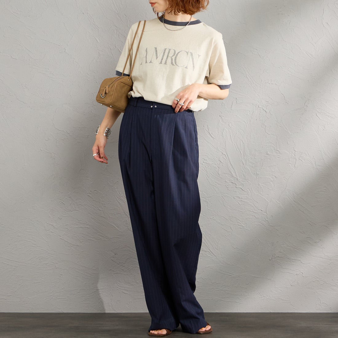Americana [アメリカーナ] AMRCN クロップドリンガーTシャツ [BRF-M-813A] ﾍﾞｰｼﾞｭ &&モデル身長：158cm 着用サイズ：ONE SIZE&&