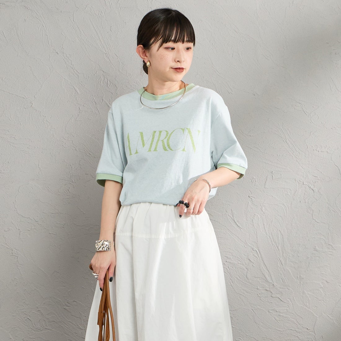 Americana [アメリカーナ] AMRCN クロップドリンガーTシャツ [BRF-M-813A] LTﾌﾞﾙｰ &&モデル身長：150cm 着用サイズ：ONE SIZE&&