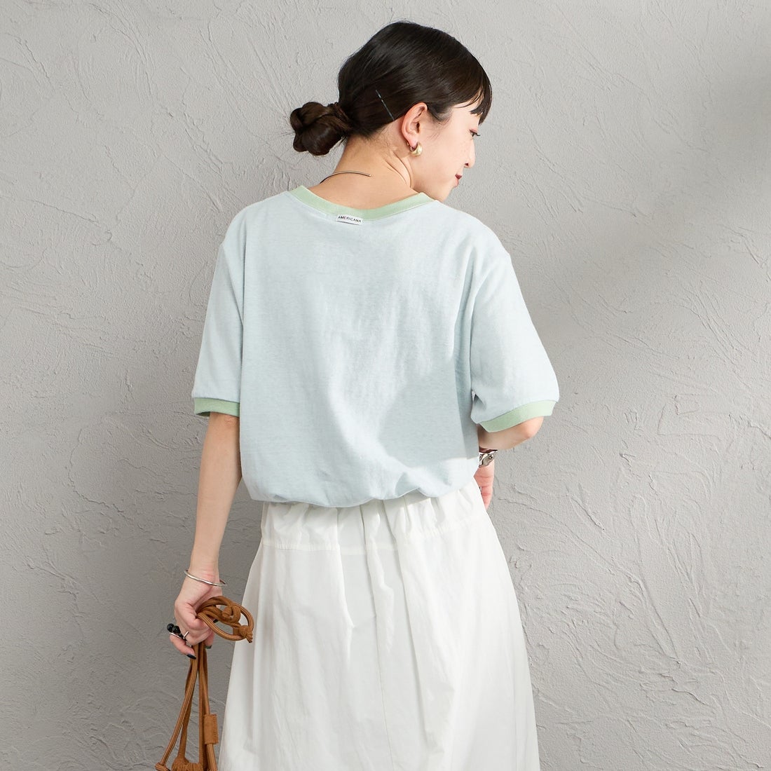 Americana [アメリカーナ] AMRCN クロップドリンガーTシャツ [BRF-M-813A] LTﾌﾞﾙｰ &&モデル身長：150cm 着用サイズ：ONE SIZE&&