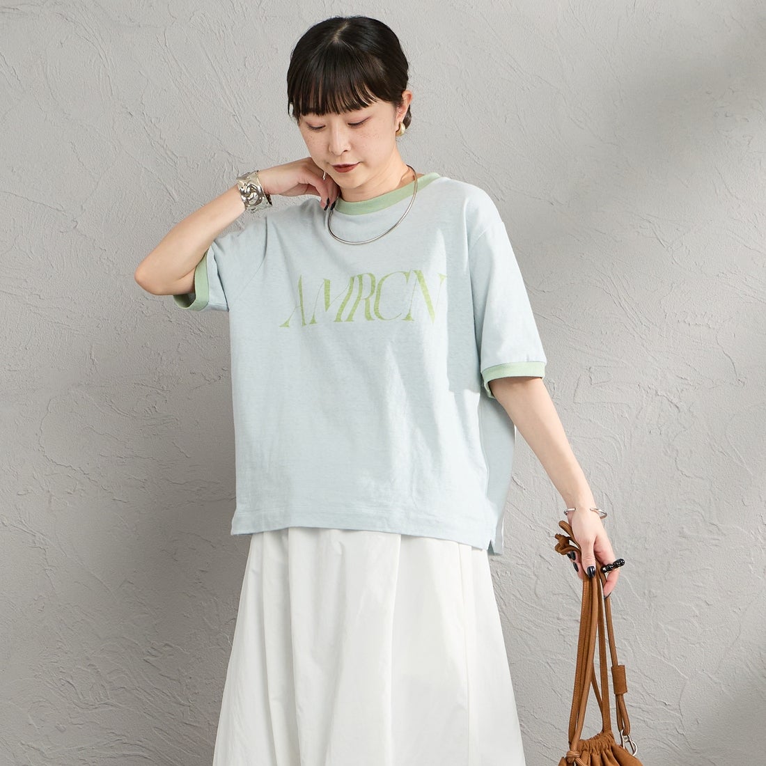 Americana [アメリカーナ] AMRCN クロップドリンガーTシャツ [BRF-M-813A] LTﾌﾞﾙｰ &&モデル身長：150cm 着用サイズ：ONE SIZE&&