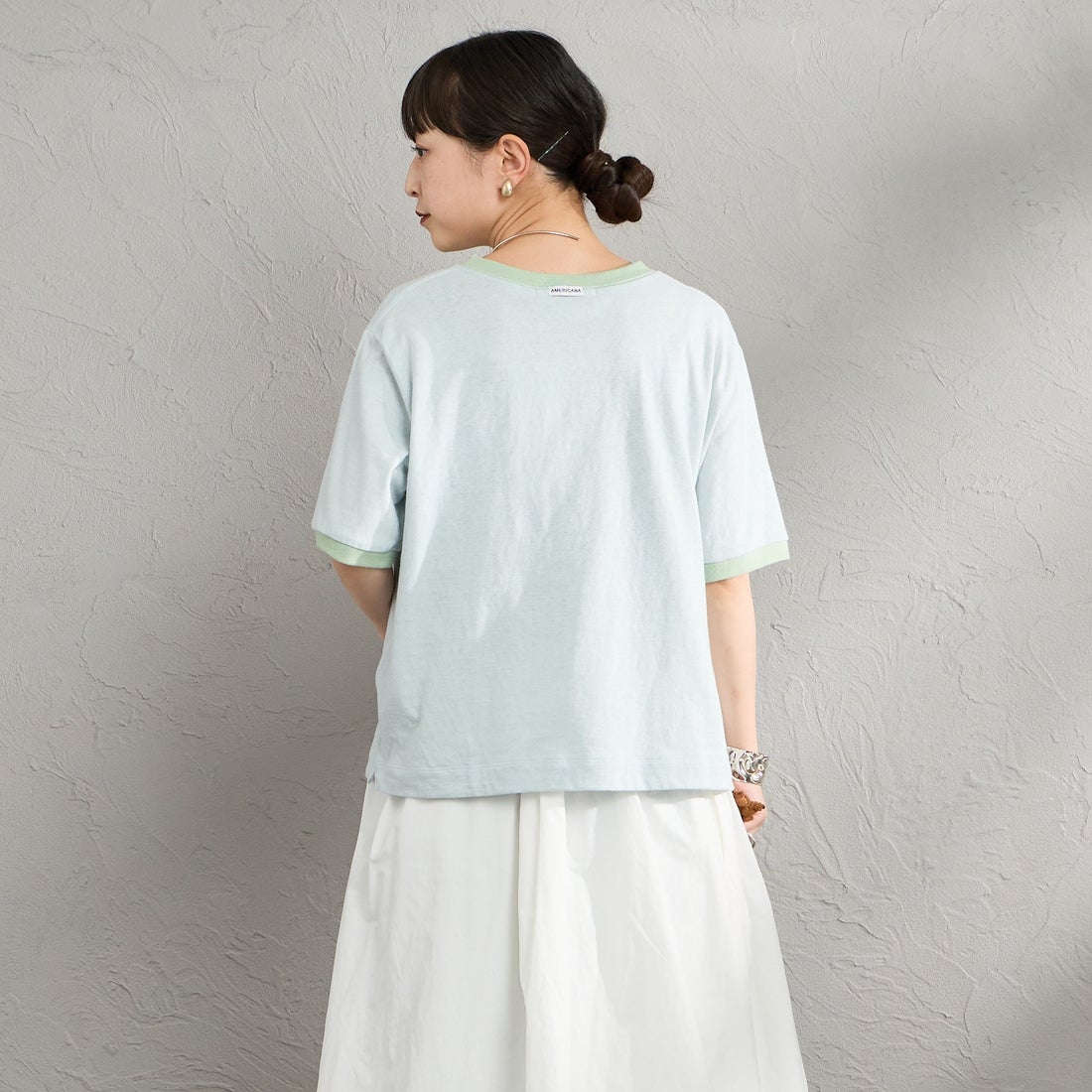 Americana [アメリカーナ] AMRCN クロップドリンガーTシャツ [BRF-M-813A] LTﾌﾞﾙｰ &&モデル身長：150cm 着用サイズ：ONE SIZE&&