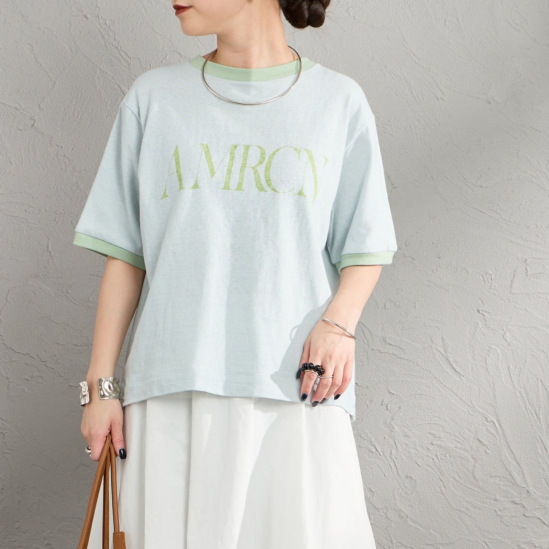 Americana [アメリカーナ] AMRCN クロップドリンガーTシャツ [BRF-M-813A] LTﾌﾞﾙｰ &&モデル身長：150cm 着用サイズ：ONE SIZE&&
