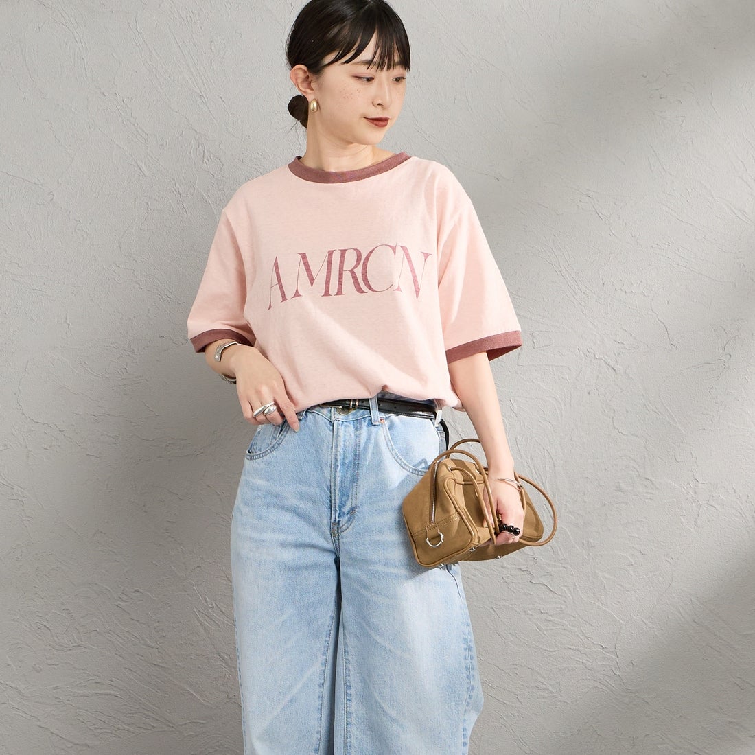Americana [アメリカーナ] AMRCN クロップドリンガーTシャツ [BRF-M-813A] ﾋﾟﾝｸ &&モデル身長：150cm 着用サイズ：ONE SIZE&&