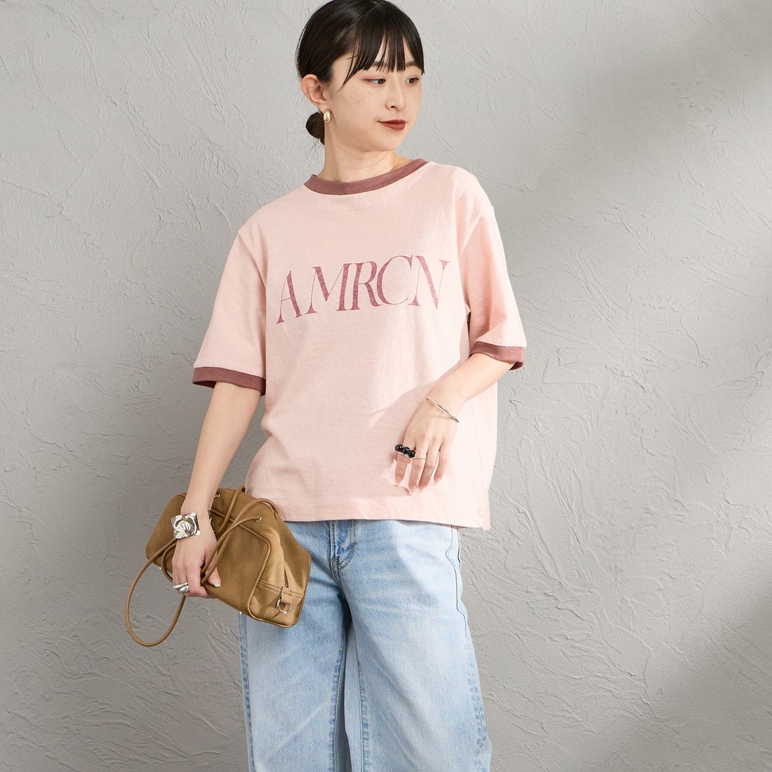 Americana [アメリカーナ] AMRCN クロップドリンガーTシャツ [BRF-M-813A] ﾋﾟﾝｸ &&モデル身長：150cm 着用サイズ：ONE SIZE&&