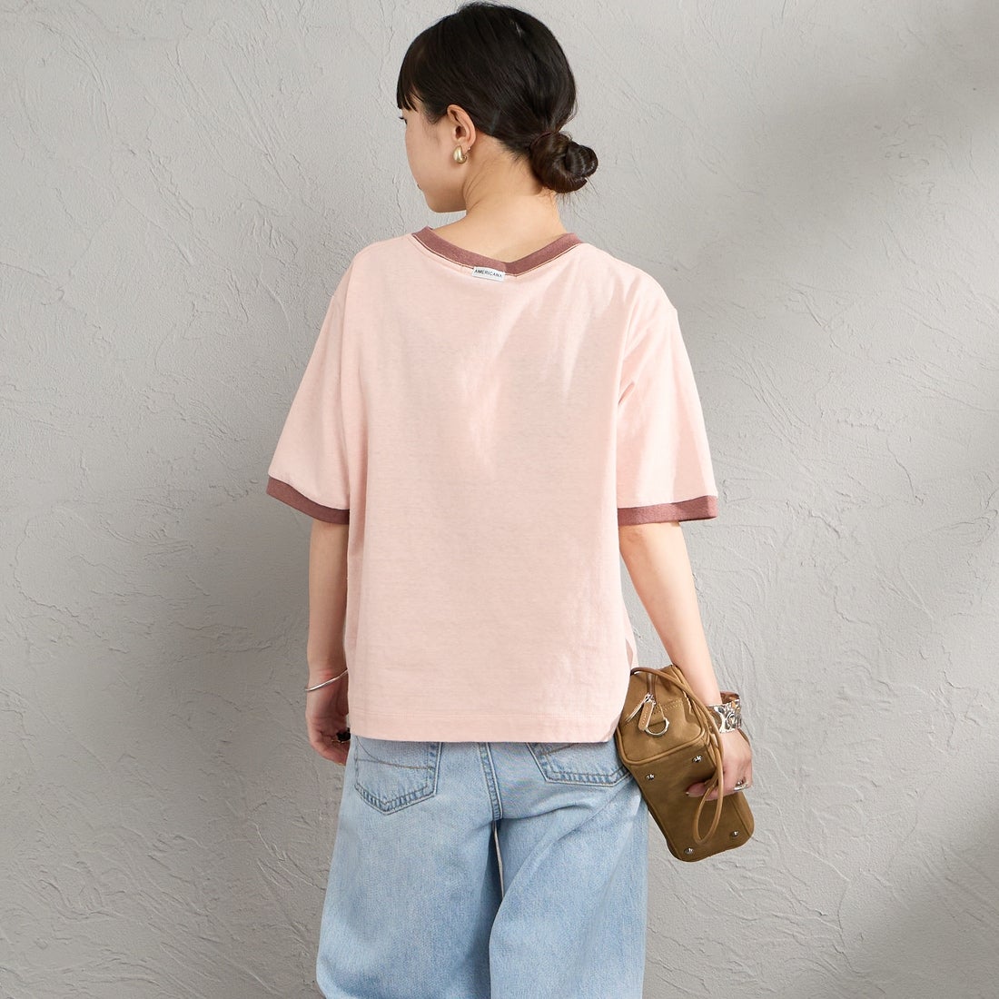 Americana [アメリカーナ] AMRCN クロップドリンガーTシャツ [BRF-M-813A] ﾋﾟﾝｸ &&モデル身長：150cm 着用サイズ：ONE SIZE&&