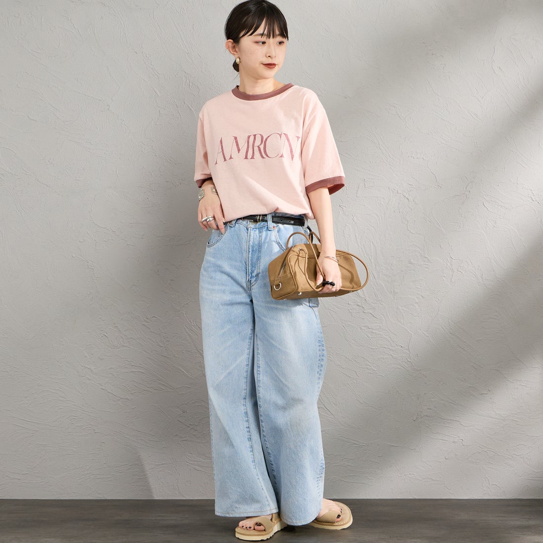 Americana [アメリカーナ] AMRCN クロップドリンガーTシャツ [BRF-M-813A] ﾋﾟﾝｸ &&モデル身長：150cm 着用サイズ：ONE SIZE&&