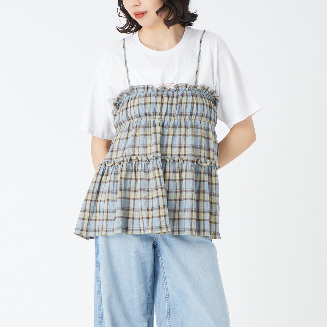 Noir Fabrik [ヌワールファブリック] 2WAYキャミビスチェ [IN13-SH-6] SAX CHK &&モデル身長：162cm 着用サイズ：XS&&