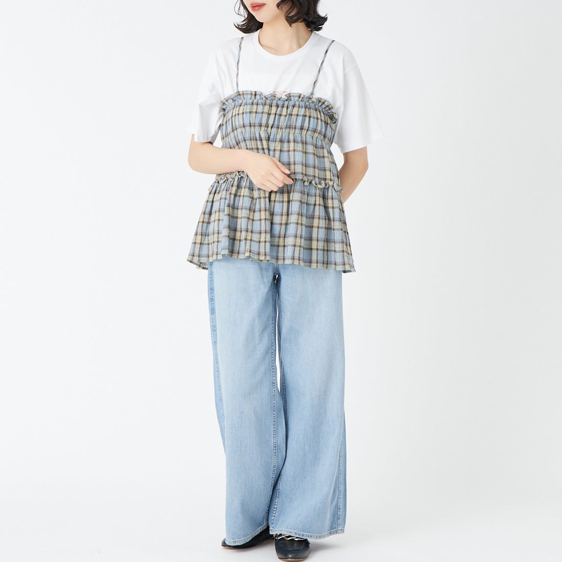 Noir Fabrik [ヌワールファブリック] 2WAYキャミビスチェ [IN13-SH-6] SAX CHK &&モデル身長：162cm 着用サイズ：XS&&