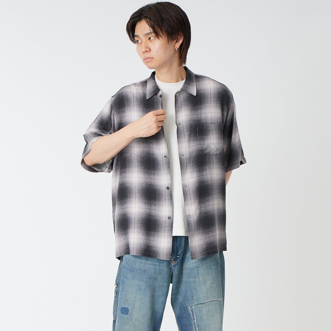 DAN RIVER [ダンリバー] 別注 レーヨンボックスショートスリーブシャツ [DR26S002-JF] OMBRE CHK &&モデル身長：177cm 着用サイズ：M&&