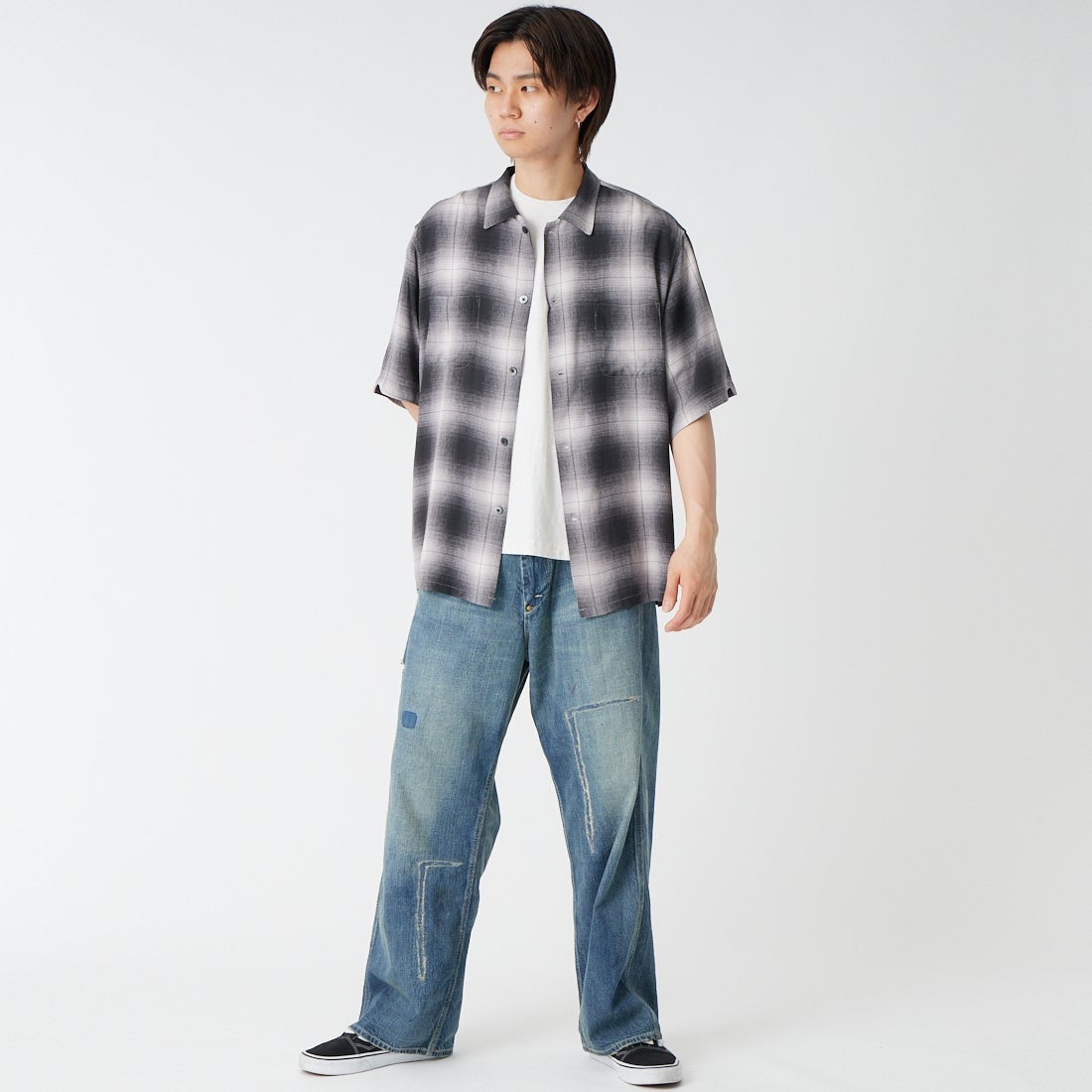 DAN RIVER [ダンリバー] 別注 レーヨンボックスショートスリーブシャツ [DR26S002-JF] OMBRE CHK &&モデル身長：177cm 着用サイズ：M&&