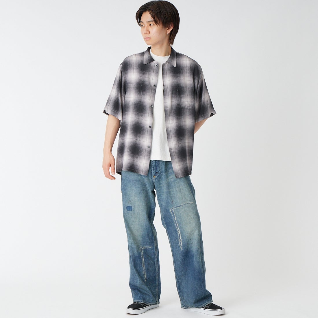 DAN RIVER [ダンリバー] 別注 レーヨンボックスショートスリーブシャツ [DR26S002-JF] OMBRE CHK &&モデル身長：177cm 着用サイズ：M&&