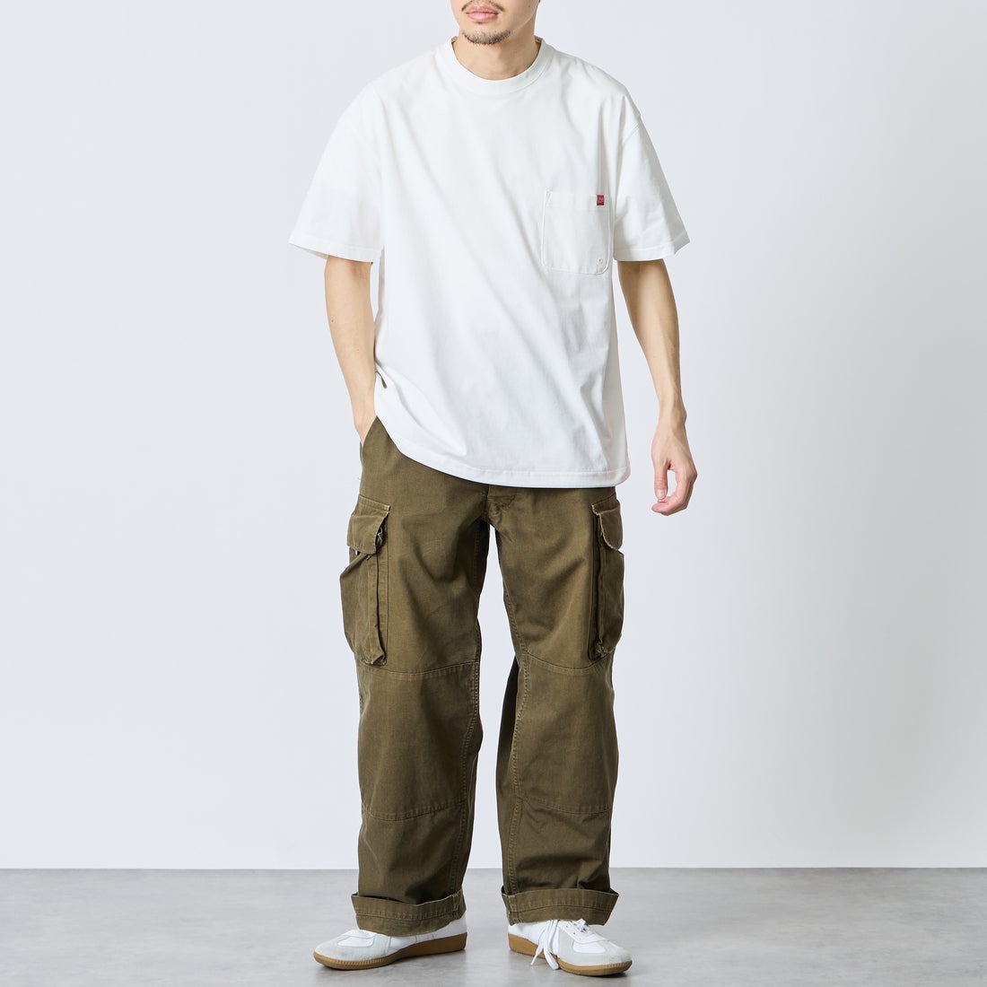 MANHATTAN PORTAGE [マンハッタンポーテージ] ﾒｯｼｭ切替ｸﾙｰﾈｯｸTｼｬﾂ [26SSMP-IN80-JF] WHITE &&モデル身長：168cm 着用サイズ：M&&