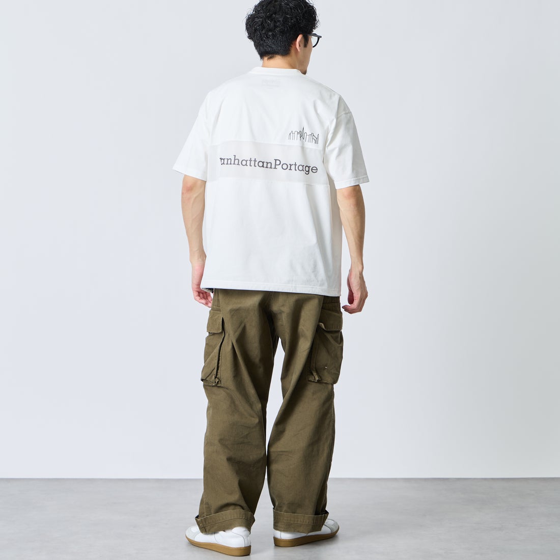 MANHATTAN PORTAGE [マンハッタンポーテージ] ﾒｯｼｭ切替ｸﾙｰﾈｯｸTｼｬﾂ [26SSMP-IN80-JF] WHITE &&モデル身長：168cm 着用サイズ：M&&