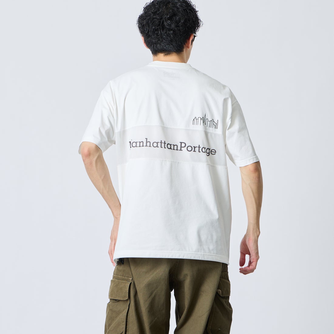 MANHATTAN PORTAGE [マンハッタンポーテージ] ﾒｯｼｭ切替ｸﾙｰﾈｯｸTｼｬﾂ [26SSMP-IN80-JF] WHITE &&モデル身長：168cm 着用サイズ：M&&