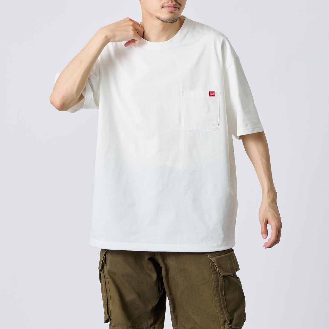 MANHATTAN PORTAGE [マンハッタンポーテージ] ﾒｯｼｭ切替ｸﾙｰﾈｯｸTｼｬﾂ [26SSMP-IN80-JF] WHITE &&モデル身長：168cm 着用サイズ：XL&&