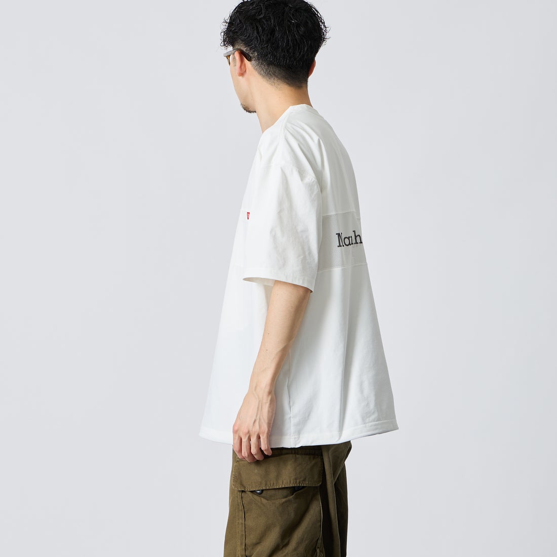 MANHATTAN PORTAGE [マンハッタンポーテージ] ﾒｯｼｭ切替ｸﾙｰﾈｯｸTｼｬﾂ [26SSMP-IN80-JF] WHITE &&モデル身長：168cm 着用サイズ：XL&&
