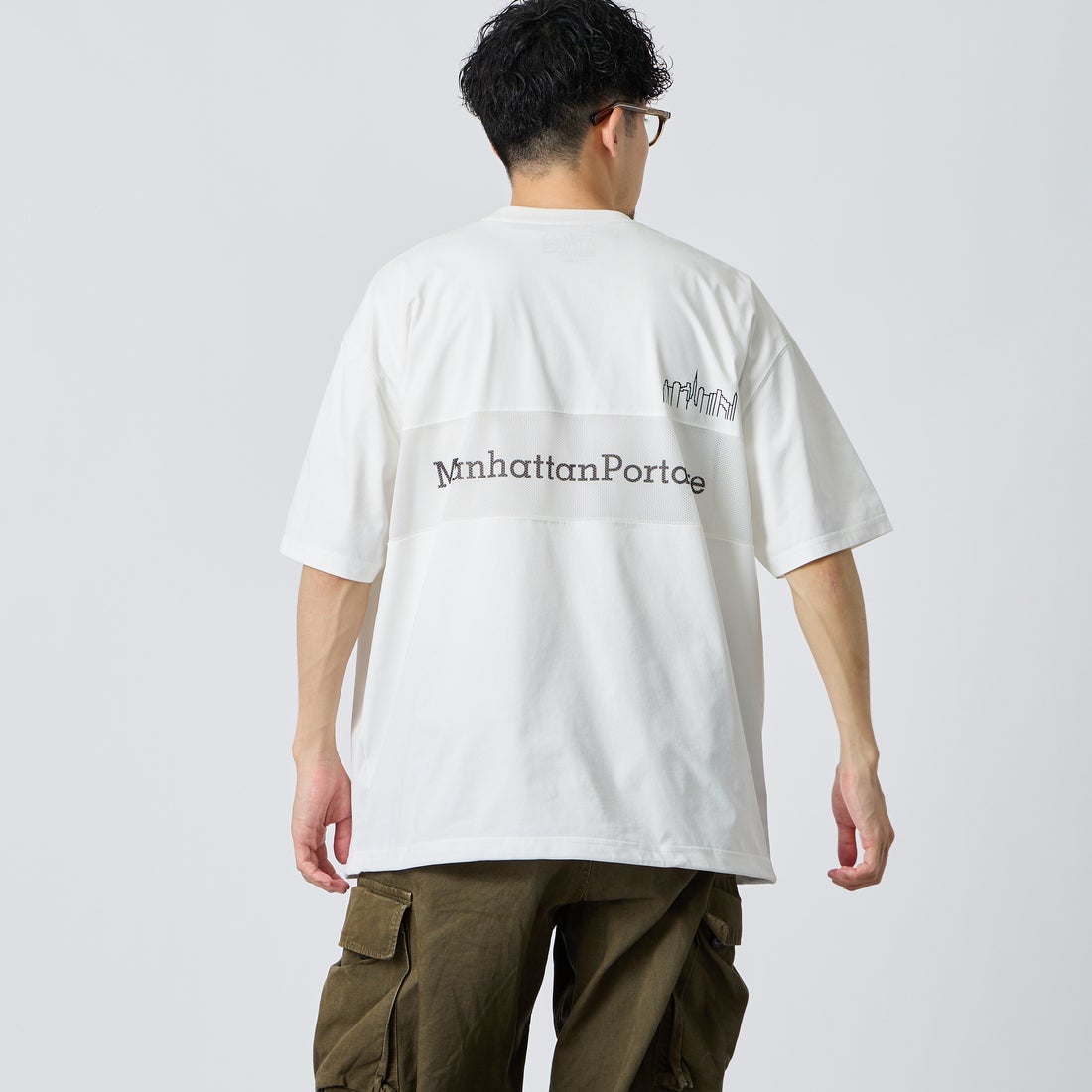 MANHATTAN PORTAGE [マンハッタンポーテージ] ﾒｯｼｭ切替ｸﾙｰﾈｯｸTｼｬﾂ [26SSMP-IN80-JF] WHITE &&モデル身長：168cm 着用サイズ：XL&&