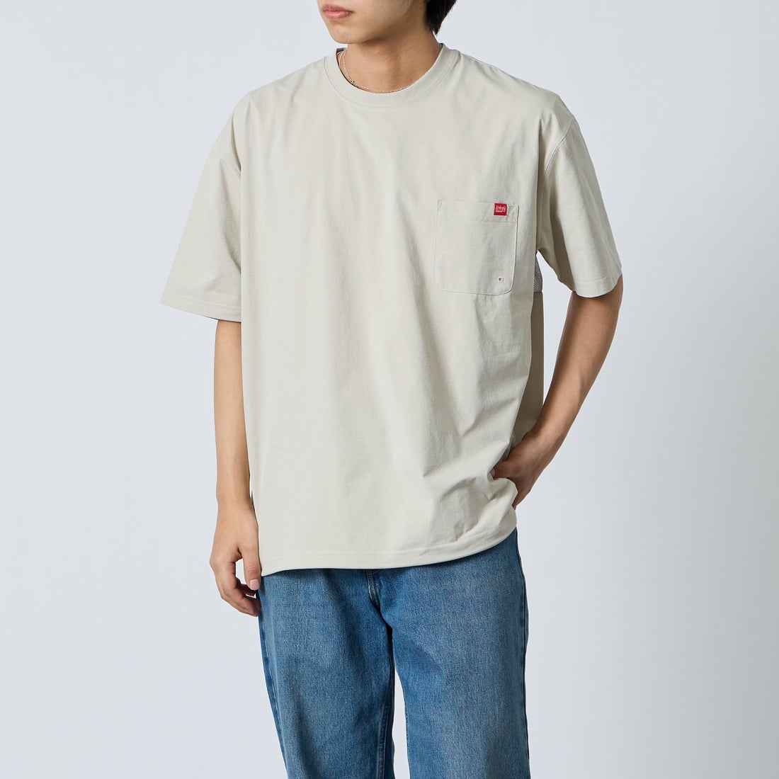 MANHATTAN PORTAGE [マンハッタンポーテージ] ﾒｯｼｭ切替ｸﾙｰﾈｯｸTｼｬﾂ [26SSMP-IN80-JF] L.BEIGE &&モデル身長：179cm 着用サイズ：XL&&