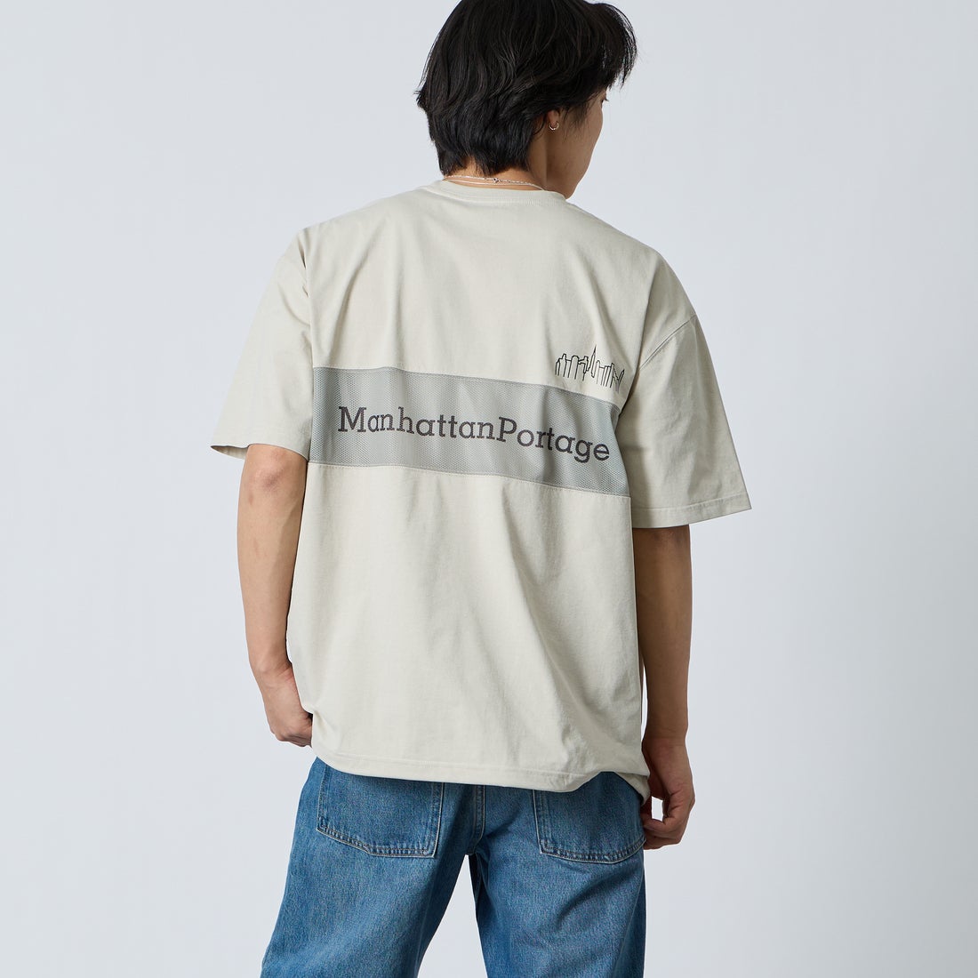 MANHATTAN PORTAGE [マンハッタンポーテージ] ﾒｯｼｭ切替ｸﾙｰﾈｯｸTｼｬﾂ [26SSMP-IN80-JF] L.BEIGE &&モデル身長：179cm 着用サイズ：XL&&