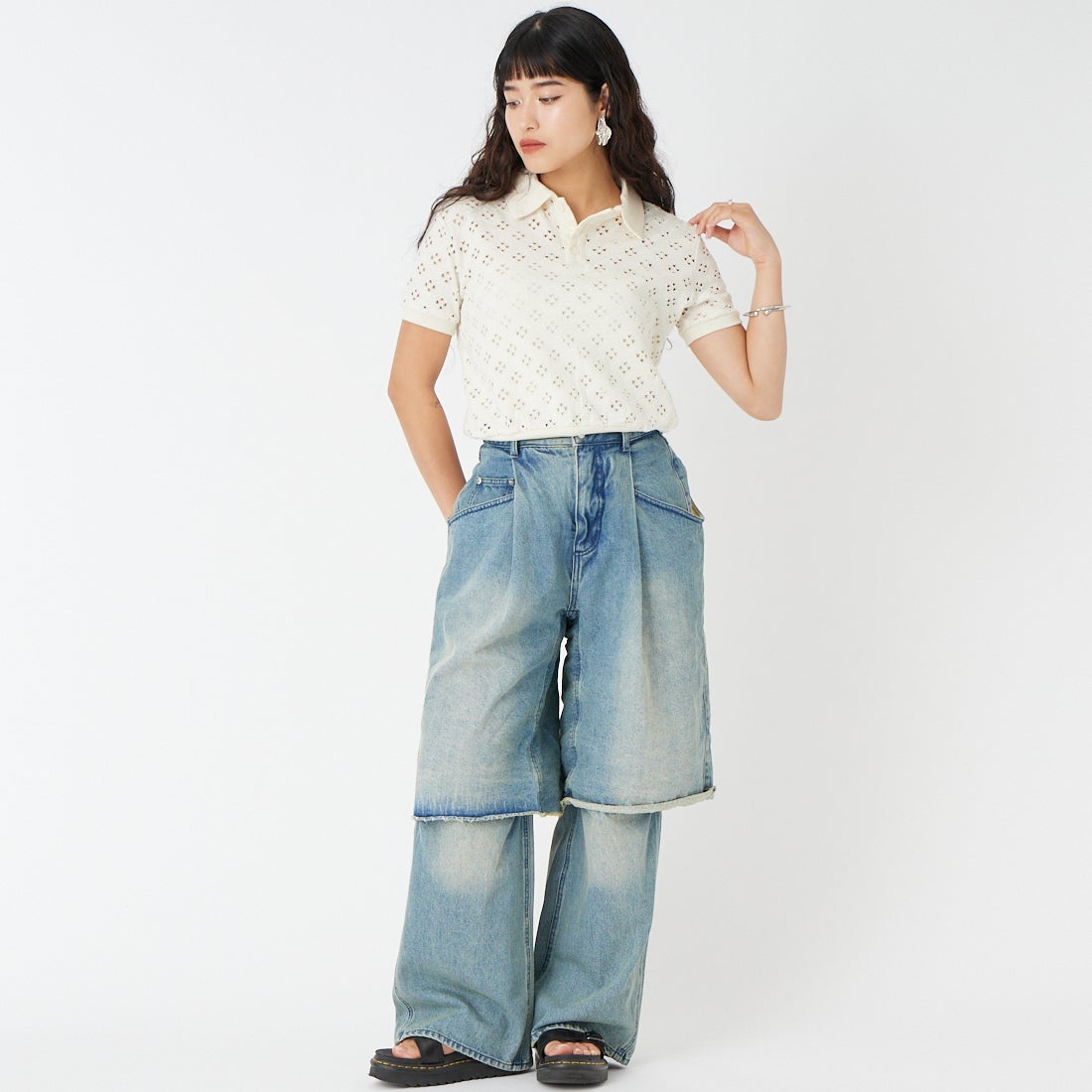 RhodolirioN [ロドリリオン] カットワークポロシャツ [SW1067] A WHITE &&モデル身長：162cm 着用サイズ：0&&